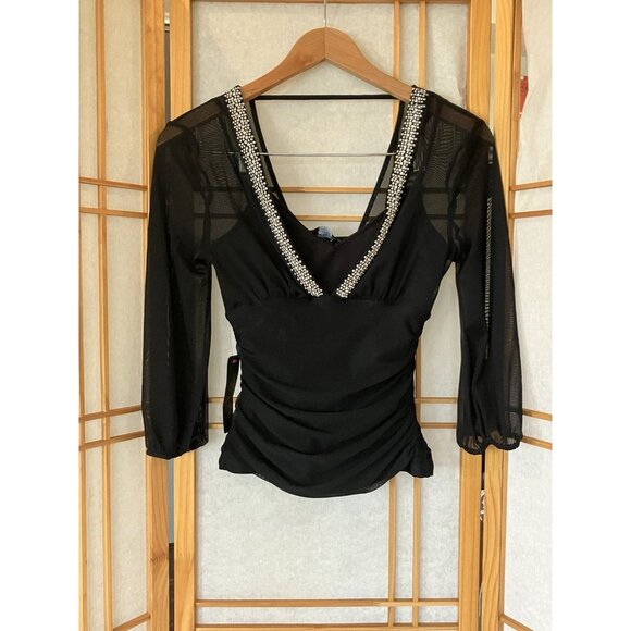 NWT Black Bebe Pullover Mesh Top V-Neck Sequin Cami Attached, XSmall MSRP $79 - Picture 1 of 14
